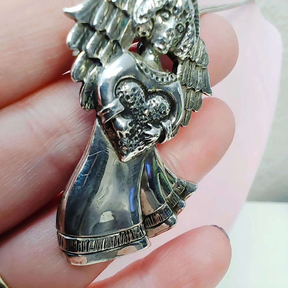 Vintage Sterling Silver Large Angel Brooch Pin Necklace Pendant with 20" Chain - Picture 12 of 15